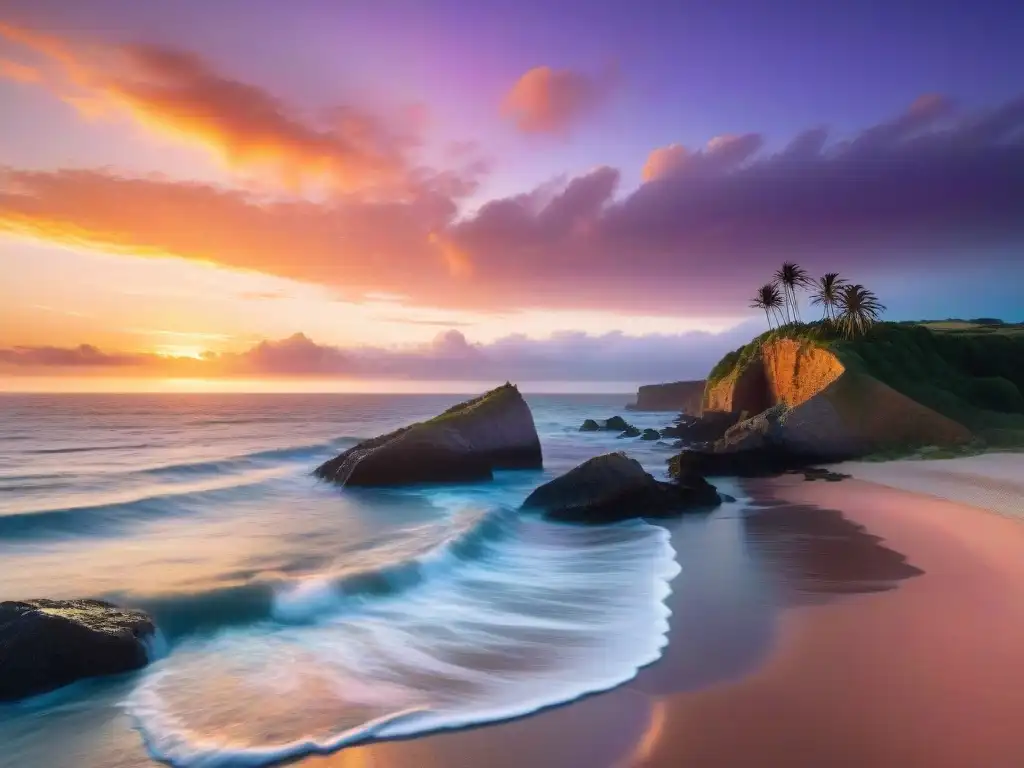 Atardecer dorado en Punta Ballena, Uruguay, reflejando los mejores momentos mágicos de la naturaleza uruguaya