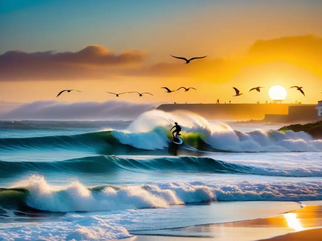 Fotografía surf en Uruguay: atardecer dorado en Punta del Diablo, surferos y gaviotas en la orilla