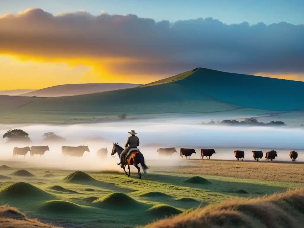 Atardecer dorado en Uruguay rural: gaucho a caballo, ganado y tranquilidad