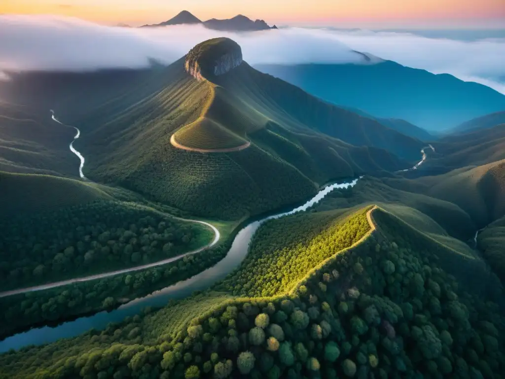 Un atardecer dorado sobre Sierra de los Ríos, ríos serpenteantes y bosques verdes