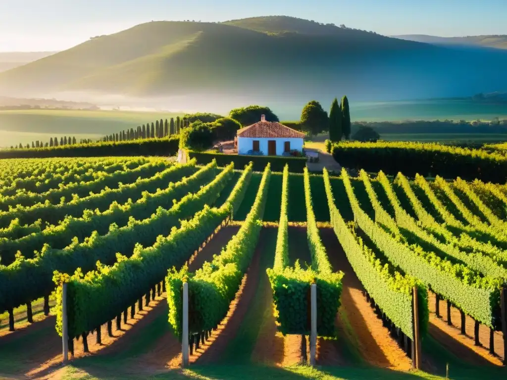 Atardecer dorado en viñedo de Uruguay con bodega al fondo