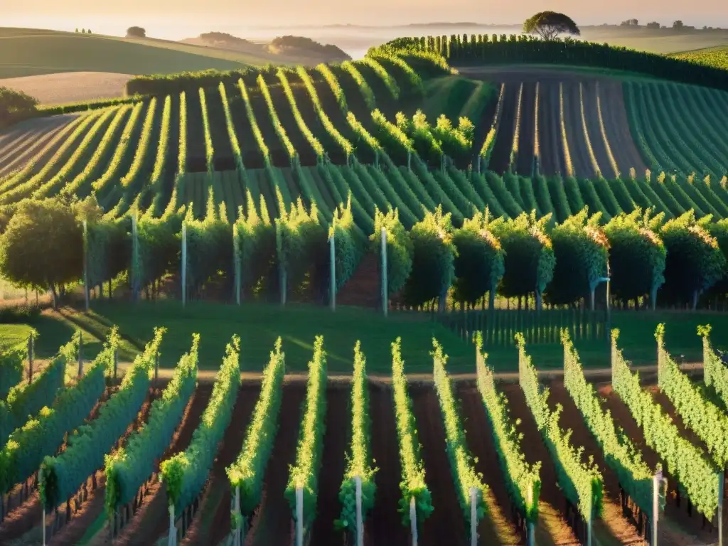 Atardecer dorado en viñedo de Uruguay, filas de uvas Tannat se extienden hacia el horizonte