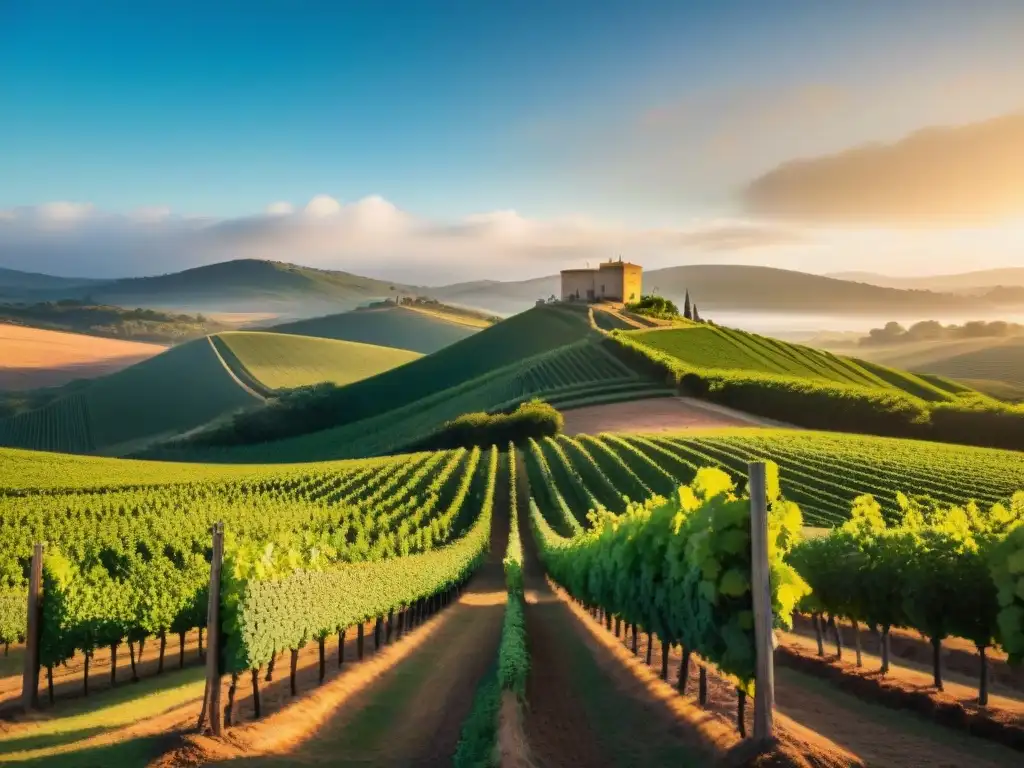 Atardecer dorado en viñedo uruguayo, sommeliers catando vinos tintos