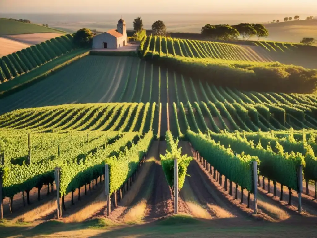 Atardecer dorado en viñedo uruguayo, con trabajadores y filas de viñedos bajo el sol