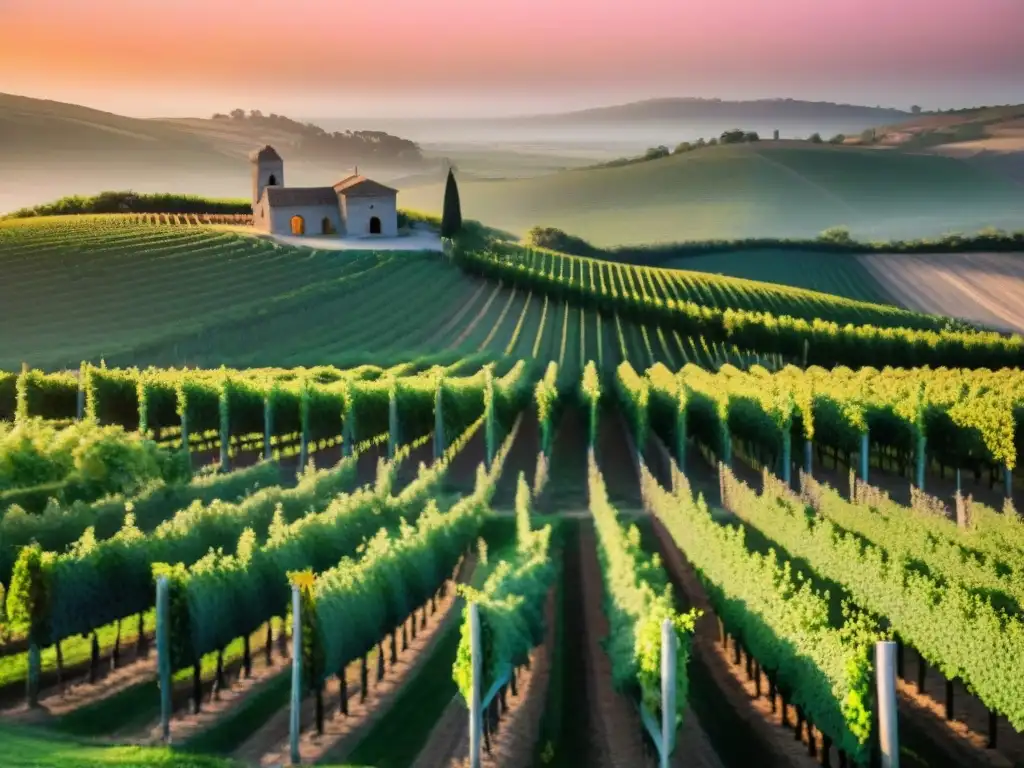 Un atardecer dorado sobre los viñedos de Bodega Garzón en Uruguay, enmarcando el enoturismo de lujo