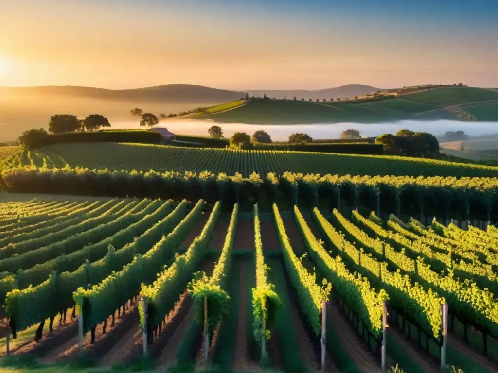 Un atardecer dorado sobre viñedos de Uruguay, con bodegas históricas entre las vides