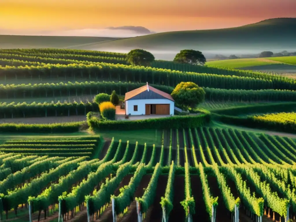 Un atardecer dorado sobre viñedos en Uruguay, con cabañas acogedoras entre las uvas