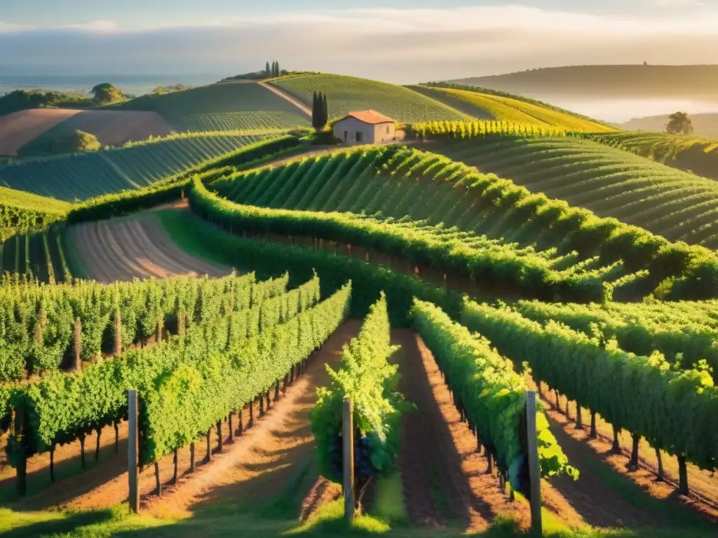 Un atardecer dorado ilumina viñedos exuberantes con barril de vino, reflejando la belleza de las Rutas del vino más fotogénicas Uruguay