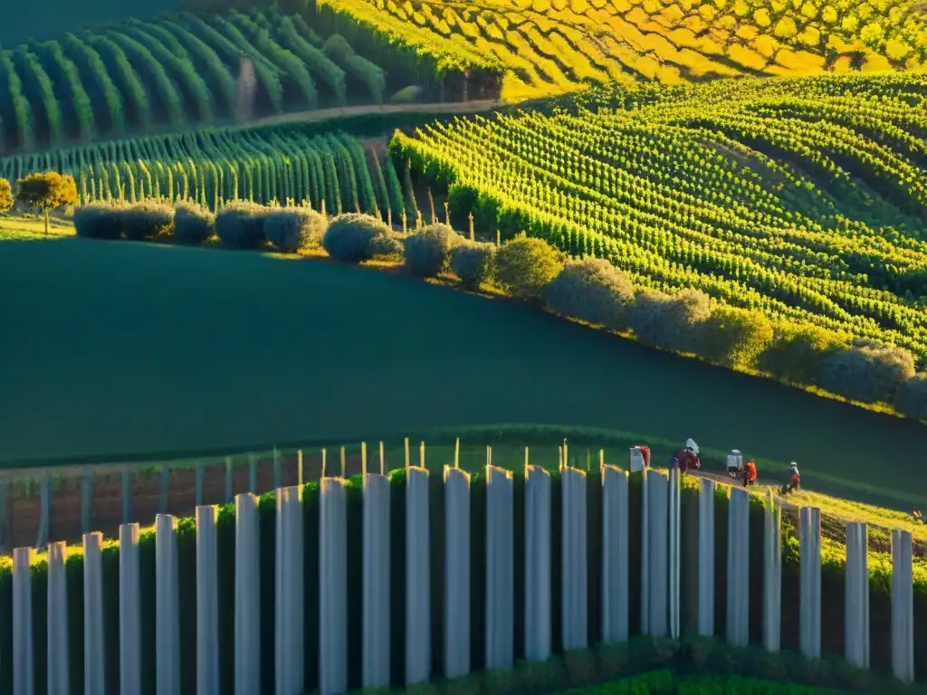 Atardecer dorado sobre viñedos en Uruguay, trabajadores en Rutas del vino más fotogénicas Uruguay