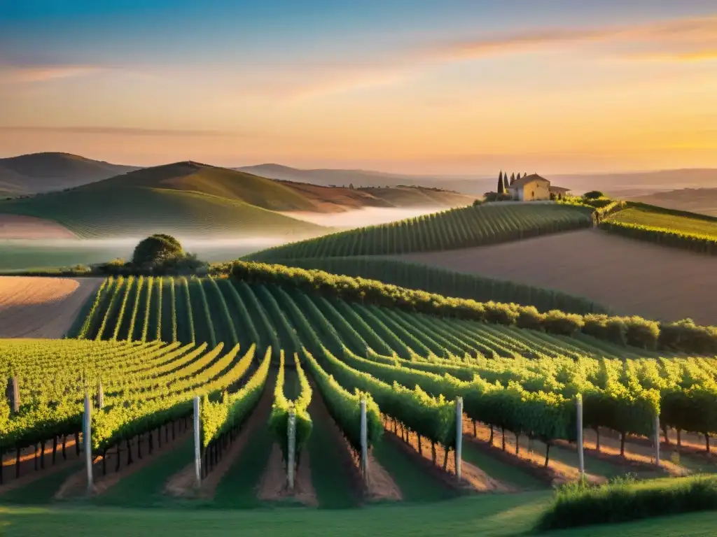 Un atardecer dorado sobre viñedos uruguayos, con bodegas rurales de fondo