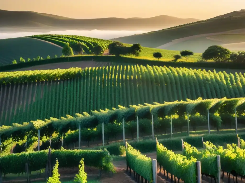 Un atardecer dorado ilumina viñedos en Uruguay, con uvas maduras, letrero 'Nuevas Rutas del Vino', turistas disfrutando en bodega