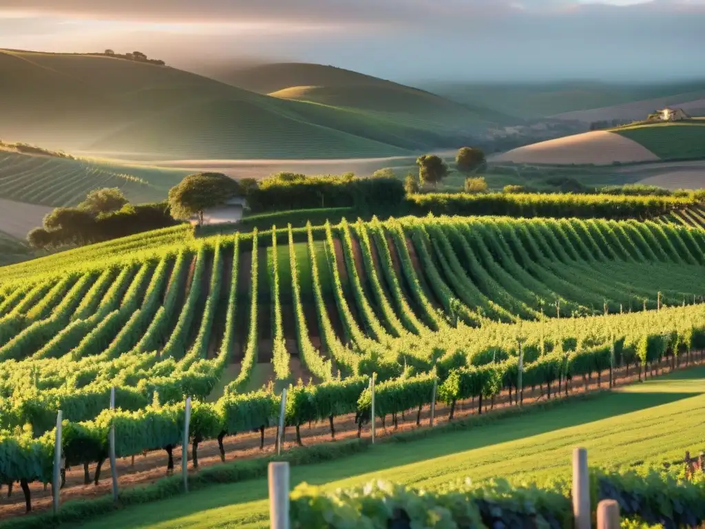 Un atardecer dorado ilumina los viñedos verdes de Uruguay con el letrero 'Bodegas Uruguayas'