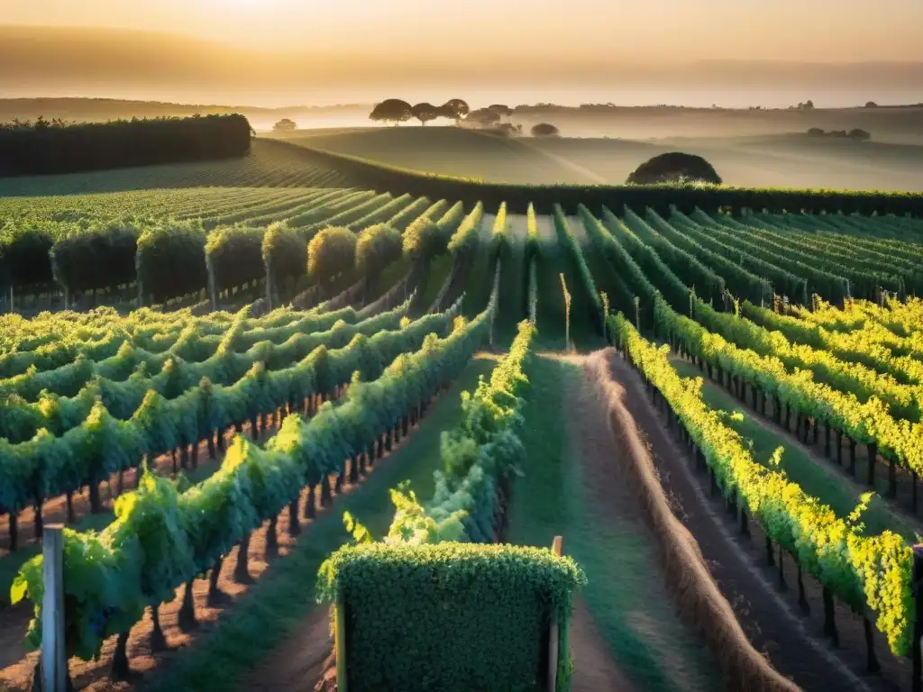 Atardecer dorado sobre viñedos de Uruguay con viticultores en la distancia