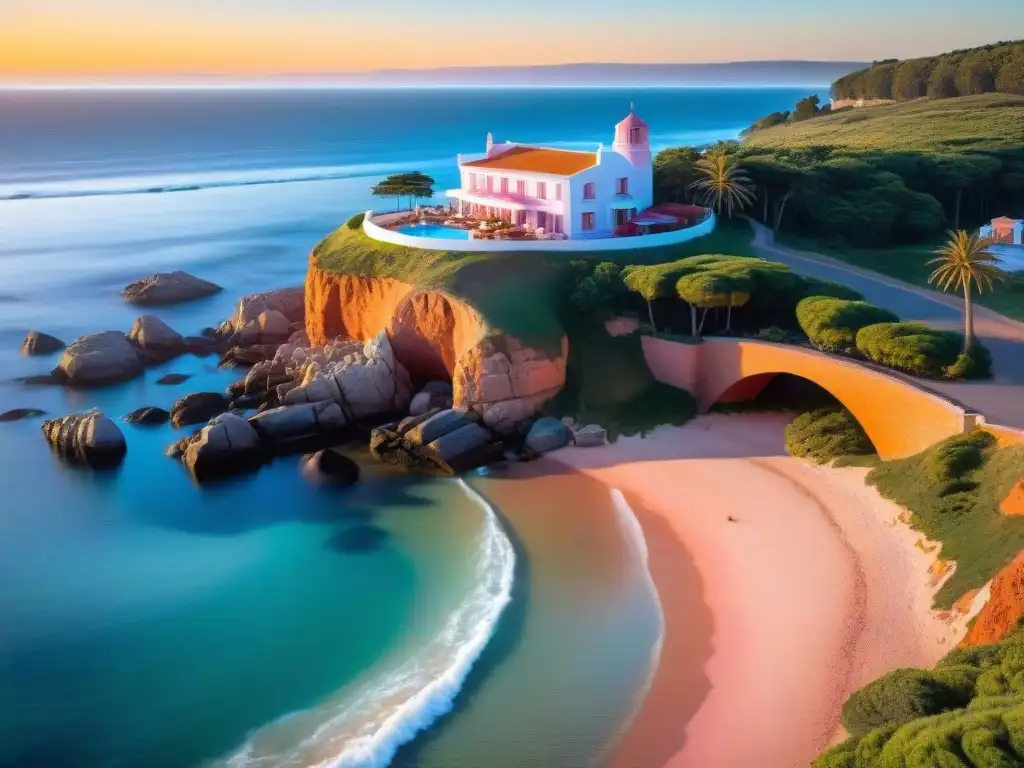 Un atardecer de ensueño en la costa de Punta del Este con un lujoso hotel boutique y vistas al mar