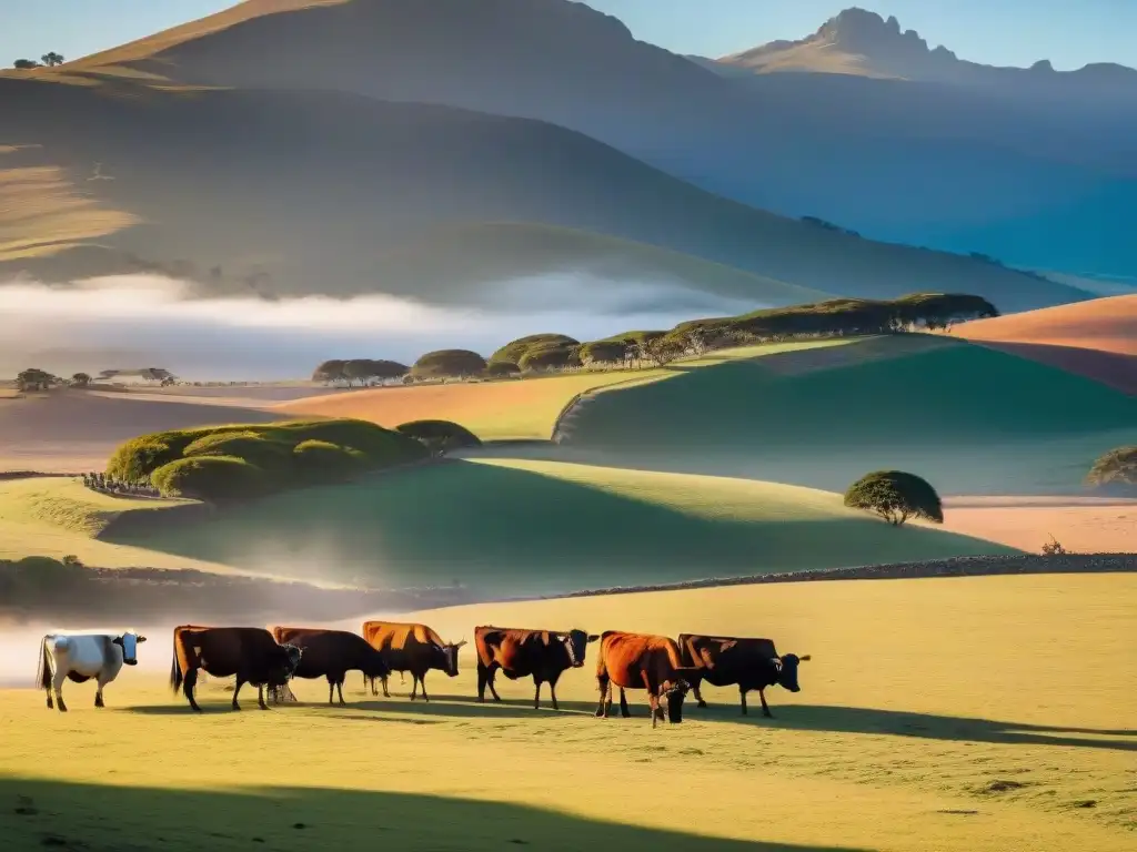 Atardecer en estancia uruguaya con gauchos, ganado y colinas