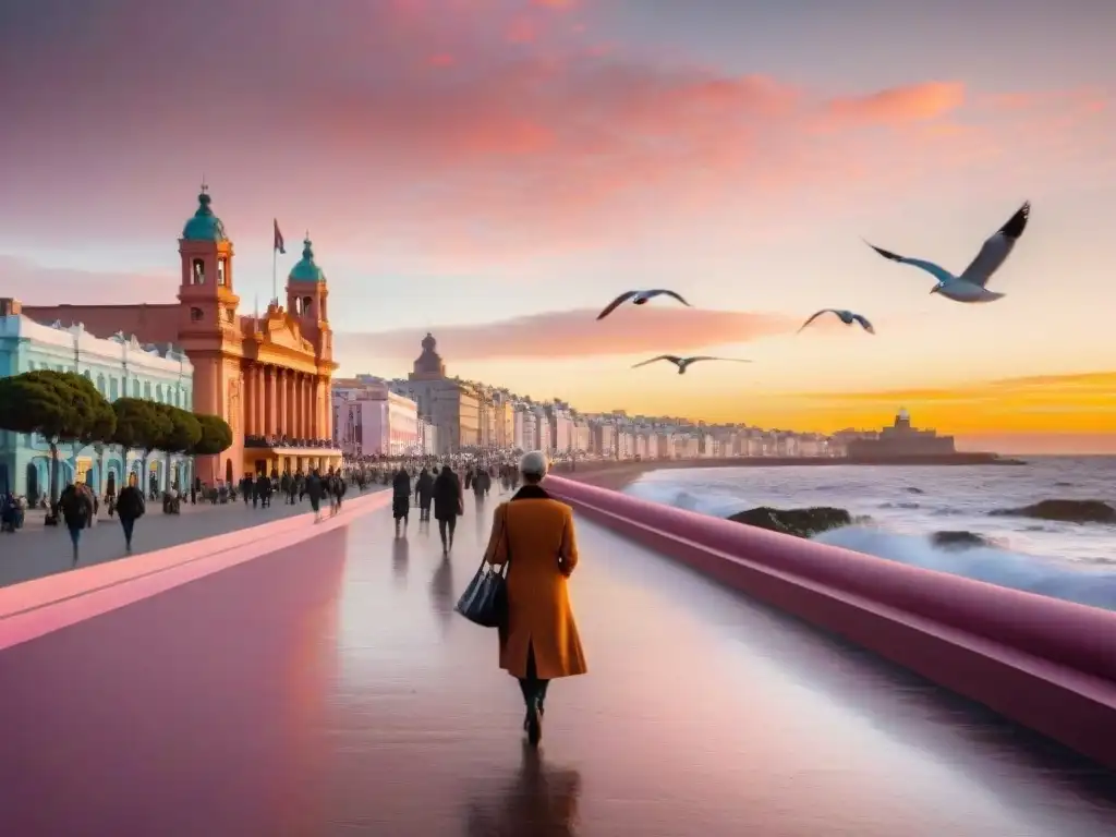 Atardecer en la icónica Rambla de Montevideo, con parejas paseando, locales disfrutando mate y gaviotas volando