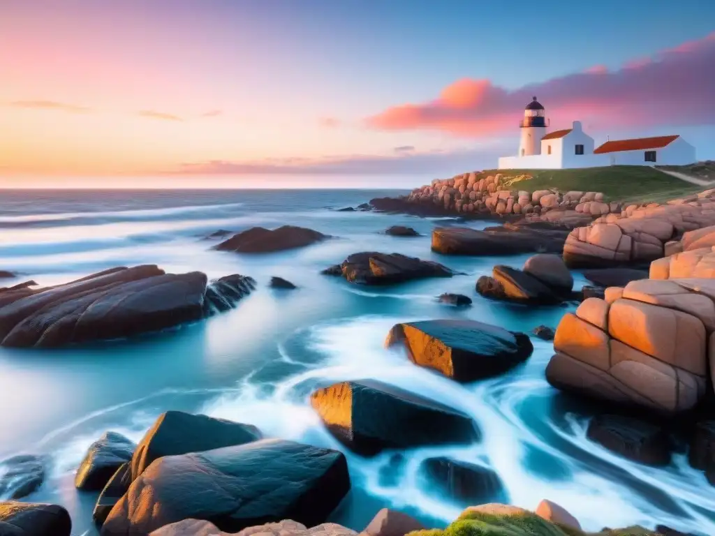 Un atardecer impresionante en Cabo Polonio, Uruguay: rocas, mar calmado, gaviotas