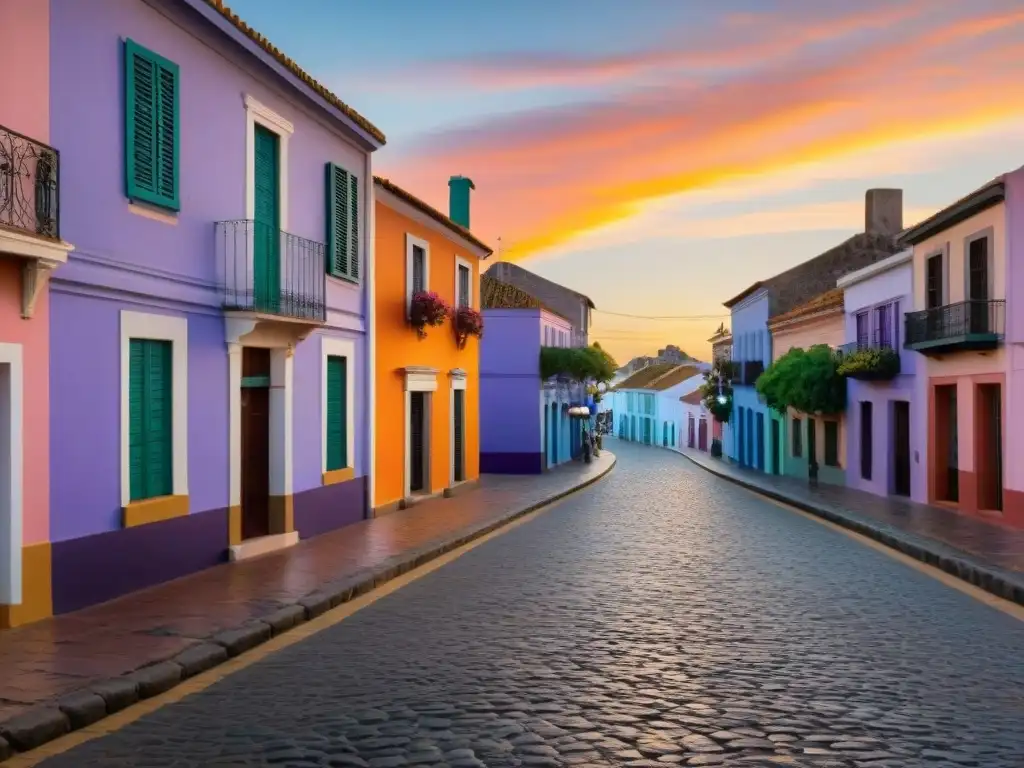 Un atardecer impresionante sobre las calles empedradas de Colonia del Sacramento, Uruguay, capturando el encanto de este pintoresco pueblo Uruguayo