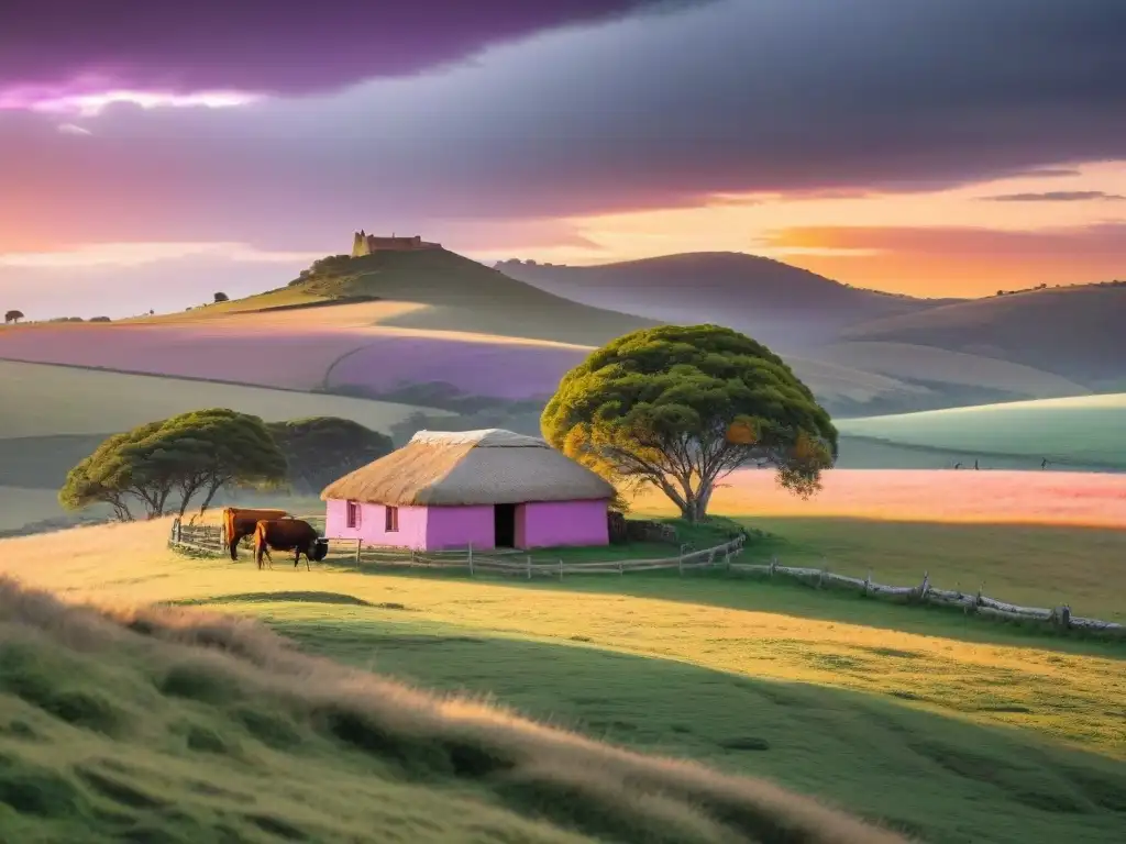 Un atardecer impresionante sobre las colinas de Uruguay, con un cálido resplandor iluminando el vasto paisaje salpicado de ganado y árboles