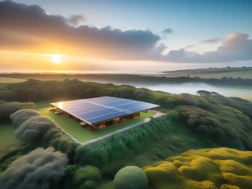 Un atardecer impresionante sobre un ecoalojamiento sostenible en Uruguay, rodeado de naturaleza exuberante