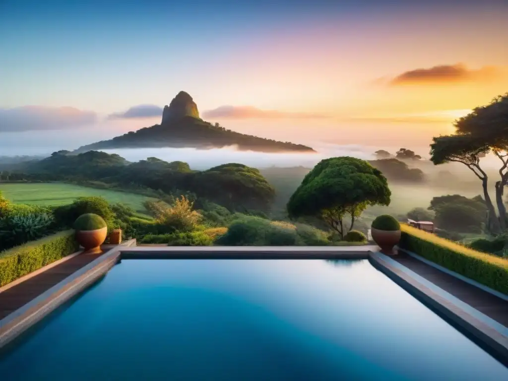 Un atardecer impresionante sobre un hotel boutique en Uruguay, rodeado de vegetación exuberante y una piscina serena