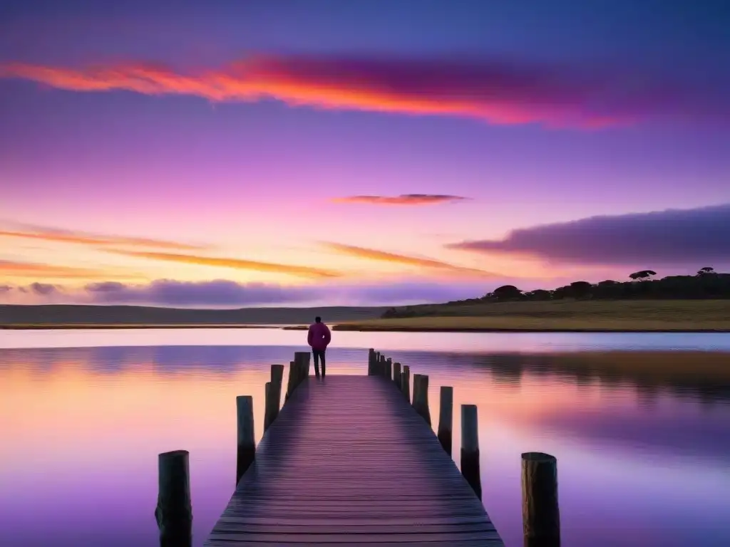 Atardecer mágico en Laguna Garzón: conexión con la naturaleza en Uruguay Un atardecer impresionante en Laguna Garzón, Uruguay, con aves nativas y muelle de madera