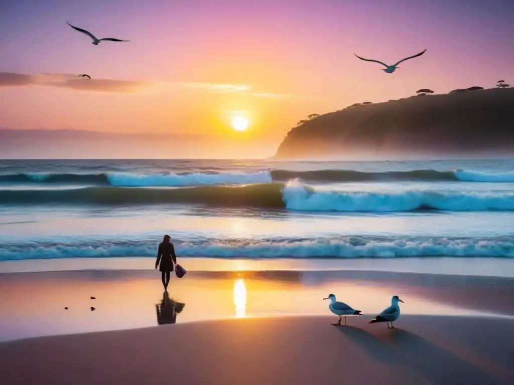 Un atardecer impresionante en una playa prístina de Uruguay, con luz dorada reflejada en el agua, cielo colorido y gaviotas volando