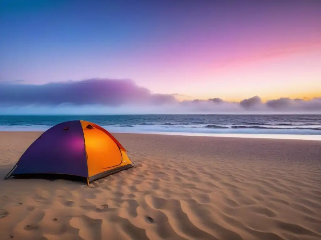 Atardecer impresionante en playa uruguaya con una colorida carpa en la arena dorada