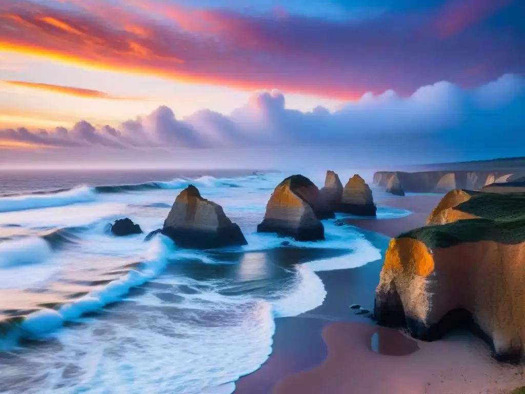 Atardecer impresionante en Punta del Diablo santuario natural: pescador solitario frente al mar y acantilados