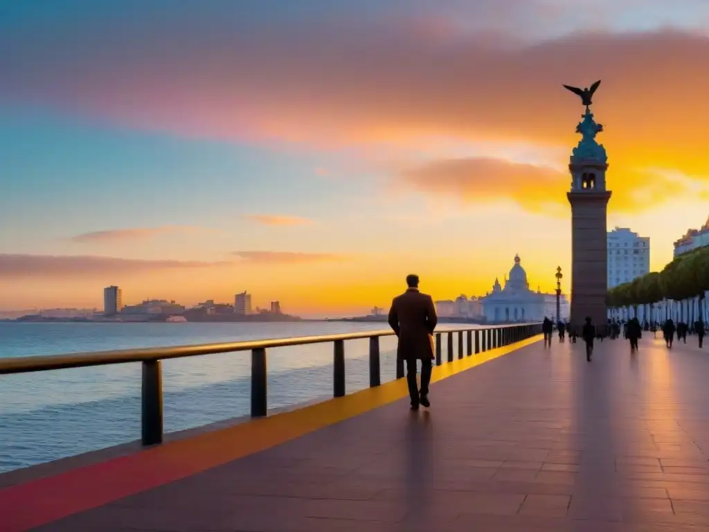 Un atardecer impresionante en la Rambla de Montevideo con un paseante solitario y el horizonte de la ciudad al fondo