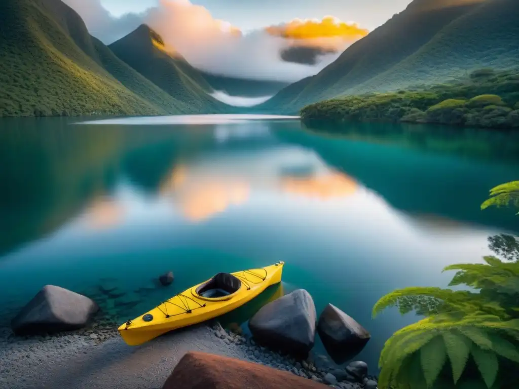 Un atardecer en Laguna Negra, con un kayak en aguas tranquilas rodeado de naturaleza, ideal para una aventura en kayak en Laguna Negra Uruguay