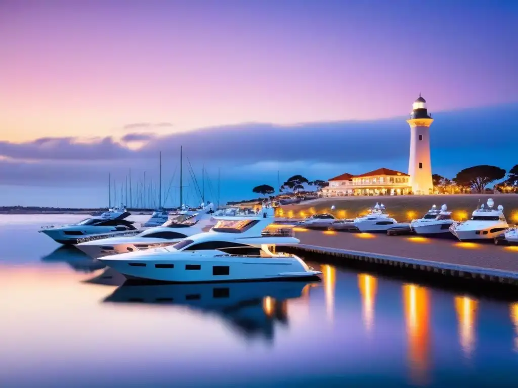 Atardecer de lujo en la marina de Punta del Este con yates y el icónico faro al fondo