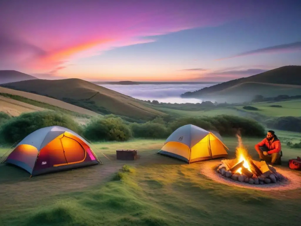 Un atardecer mágico en un área de camping protegida en Uruguay, iluminando tiendas y campamento alrededor de fogata