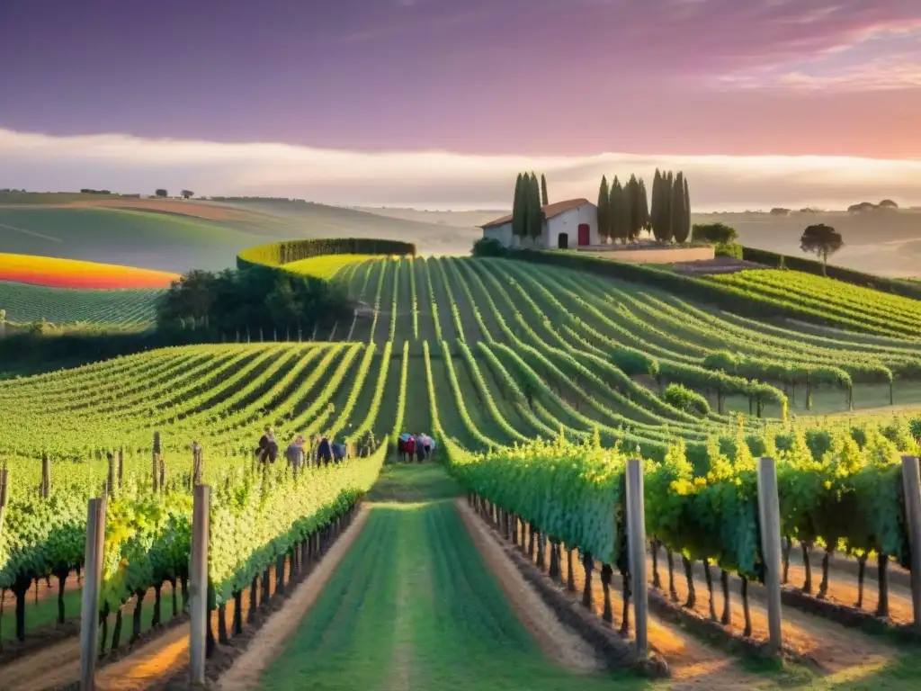 Un atardecer mágico en una bodega uruguaya: viñedos verdes, cielo pintado y trabajadores cosechando, transmitiendo historias fascinantes