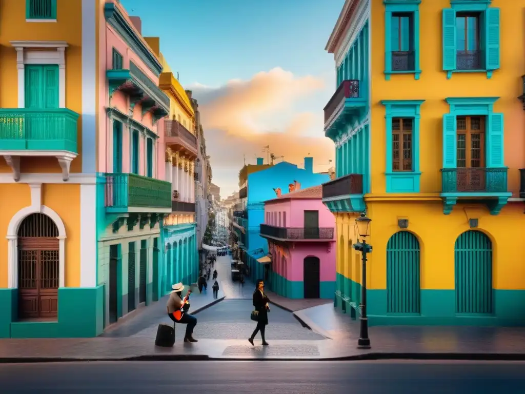 Un atardecer mágico en las calles de Barrio Sur, Montevideo, con casas coloniales coloridas, balcones de hierro forjado y músicos callejeros