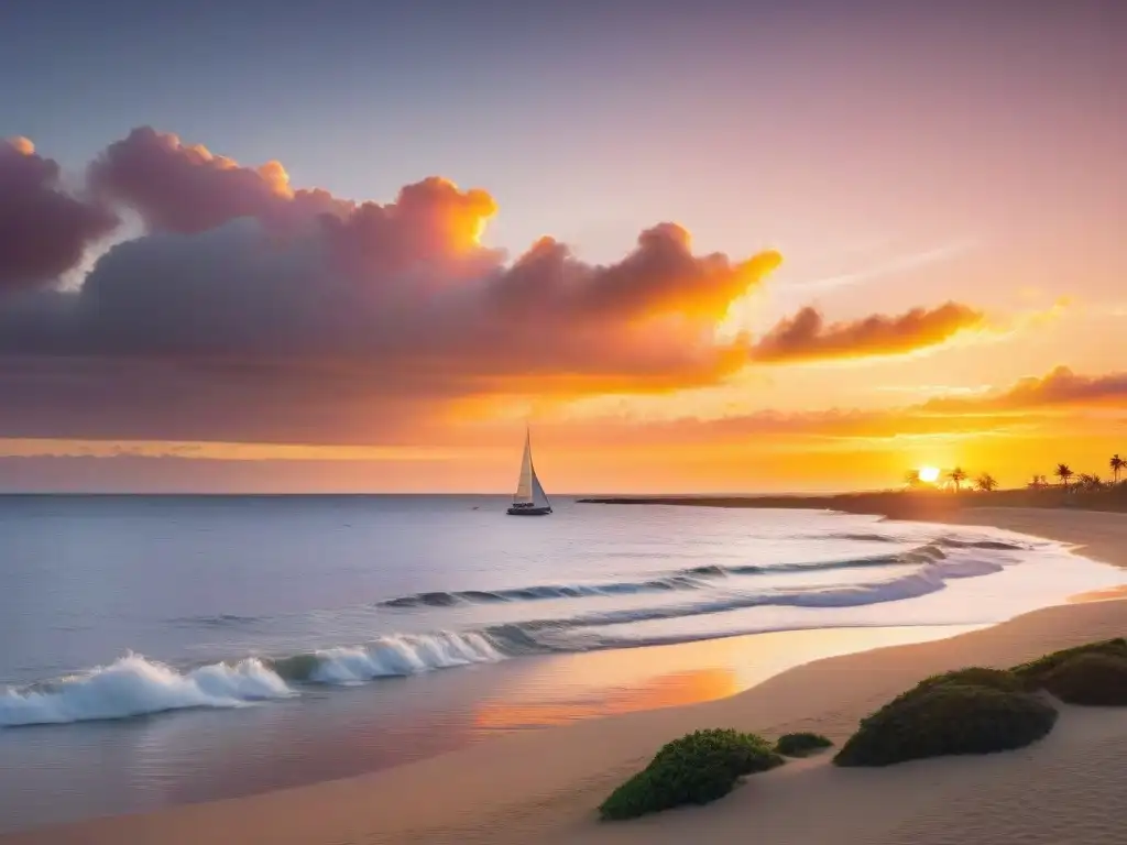 Atardecer mágico en la costa de Uruguay: playas doradas, cielo naranja y rosado, palmeras y veleros