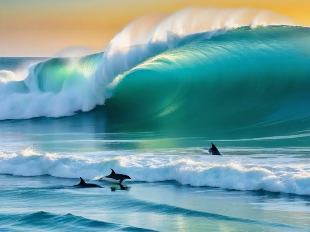 Un atardecer mágico en un escenario de surf ecológico en Uruguay, donde surfistas y delfines comparten las olas al caer el sol