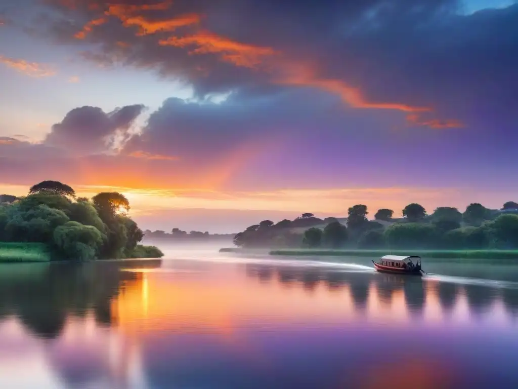 Atardecer mágico sobre el río Uruguay, con paisajes fluviales y colores vibrantes en cielo y agua