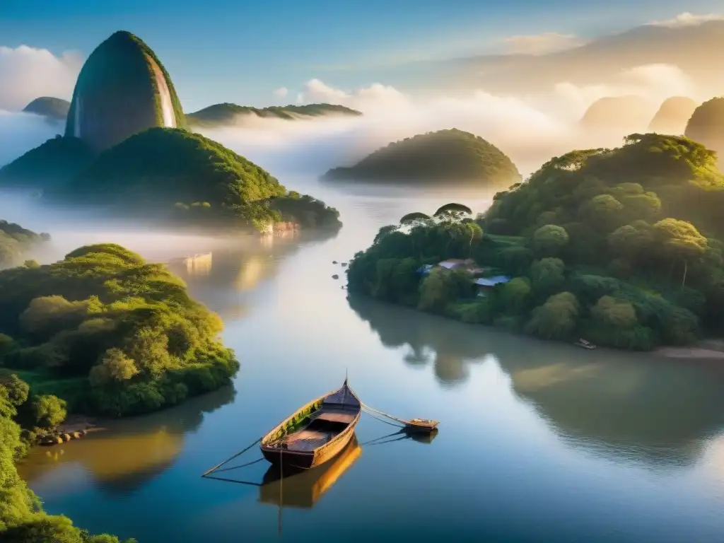 Un atardecer mágico en los paisajes fluviales del río Uruguay, reflejando la serenidad del agua y la naturaleza exuberante