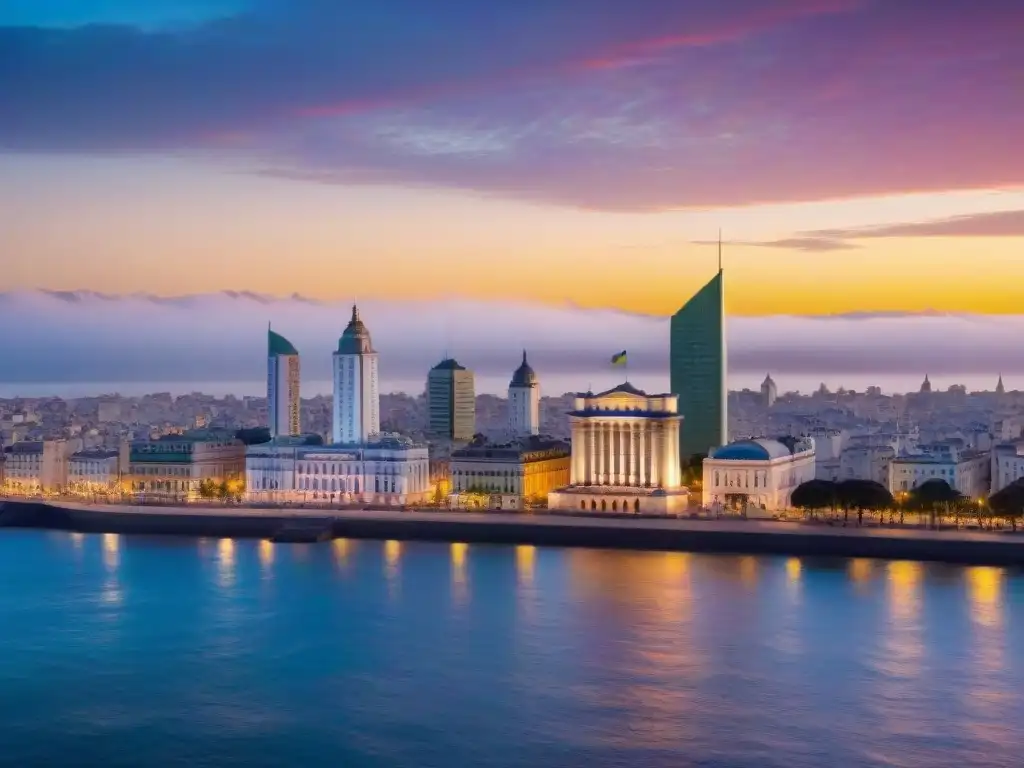 Un atardecer mágico en Montevideo con un panorama de ensueño de la ciudad y el Río de la Plata, reflejando el cielo colorido