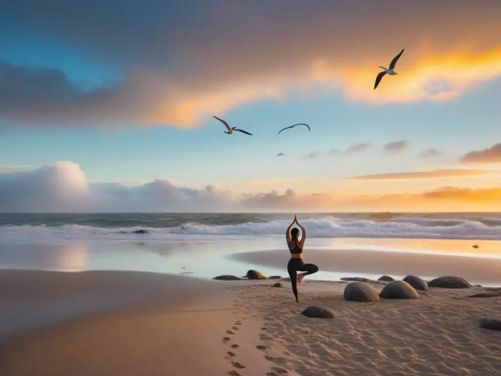 Un atardecer mágico en la playa de Uruguay con practicantes de yoga en silueta