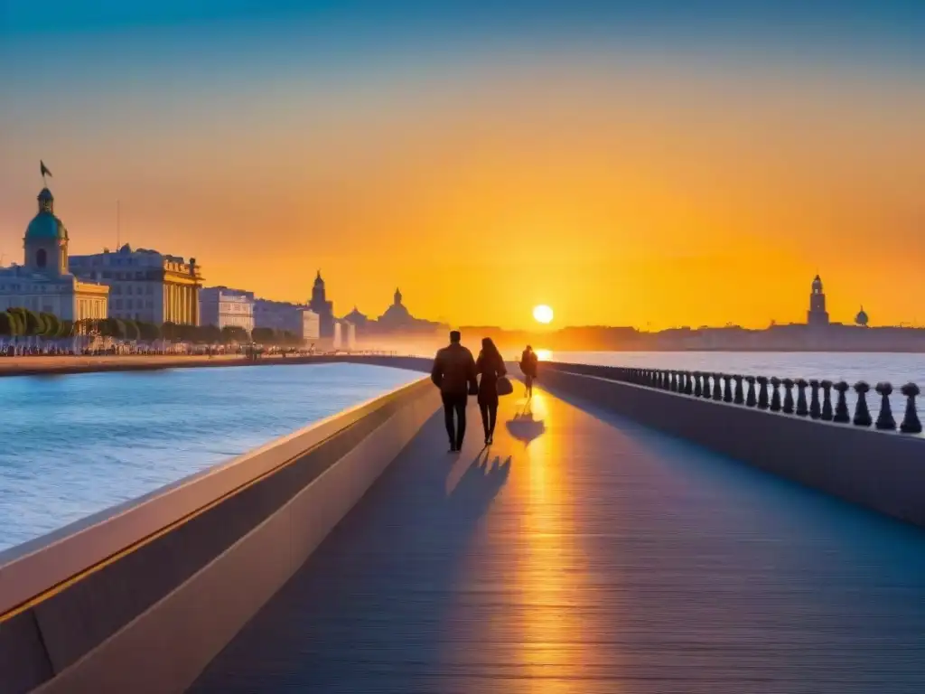 Un atardecer mágico en la Rambla de Montevideo, reflejando el cielo colorido en el Río de la Plata, con personas paseando