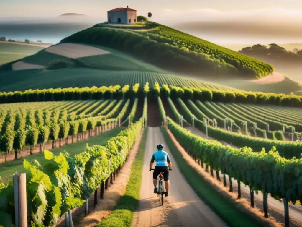 Un atardecer mágico en un viñedo de Uruguay, con ciclista recorriendo rutas del vino en bicicleta