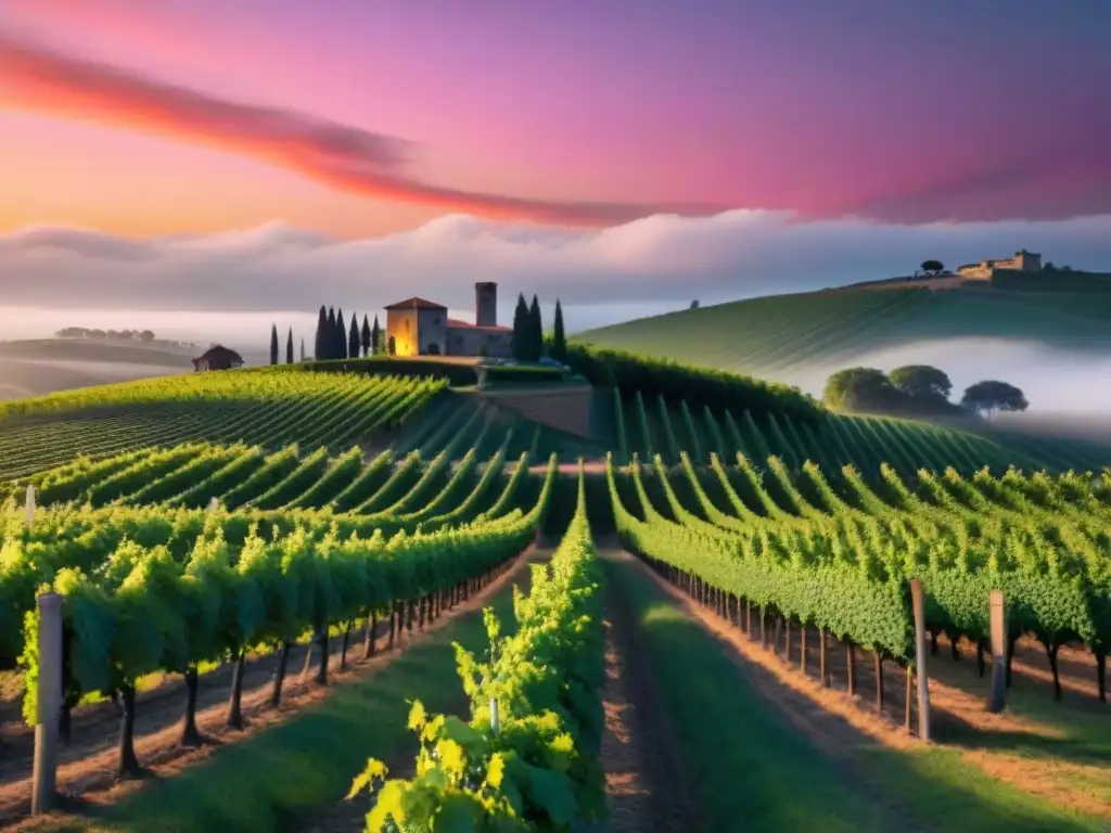 Viñedo al atardecer: sommeliers disfrutan vinos uruguayos Un atardecer mágico en un viñedo uruguayo, sommeliers en animada charla