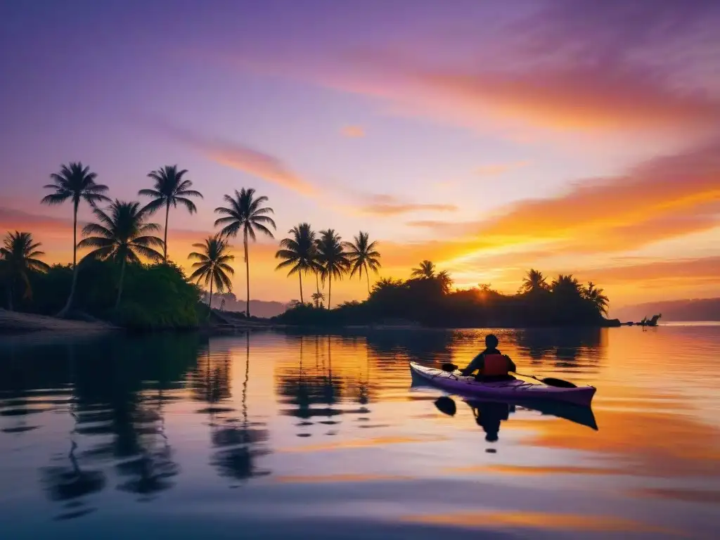 Kayak al atardecer: paisaje tropical en colores cálidos Un kayaker disfruta de un atardecer mágico en Uruguay