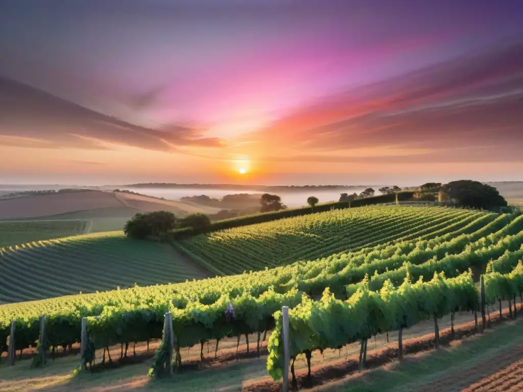 Atardecer en una de las mejores bodegas de Uruguay, con viñedos y colores vibrantes en el cielo