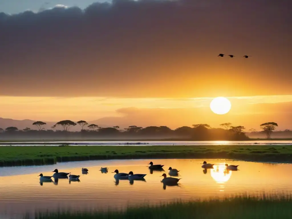 Un atardecer pintoresco en los Bañados del Este y Franja Costera, con aves locales y colores vibrantes