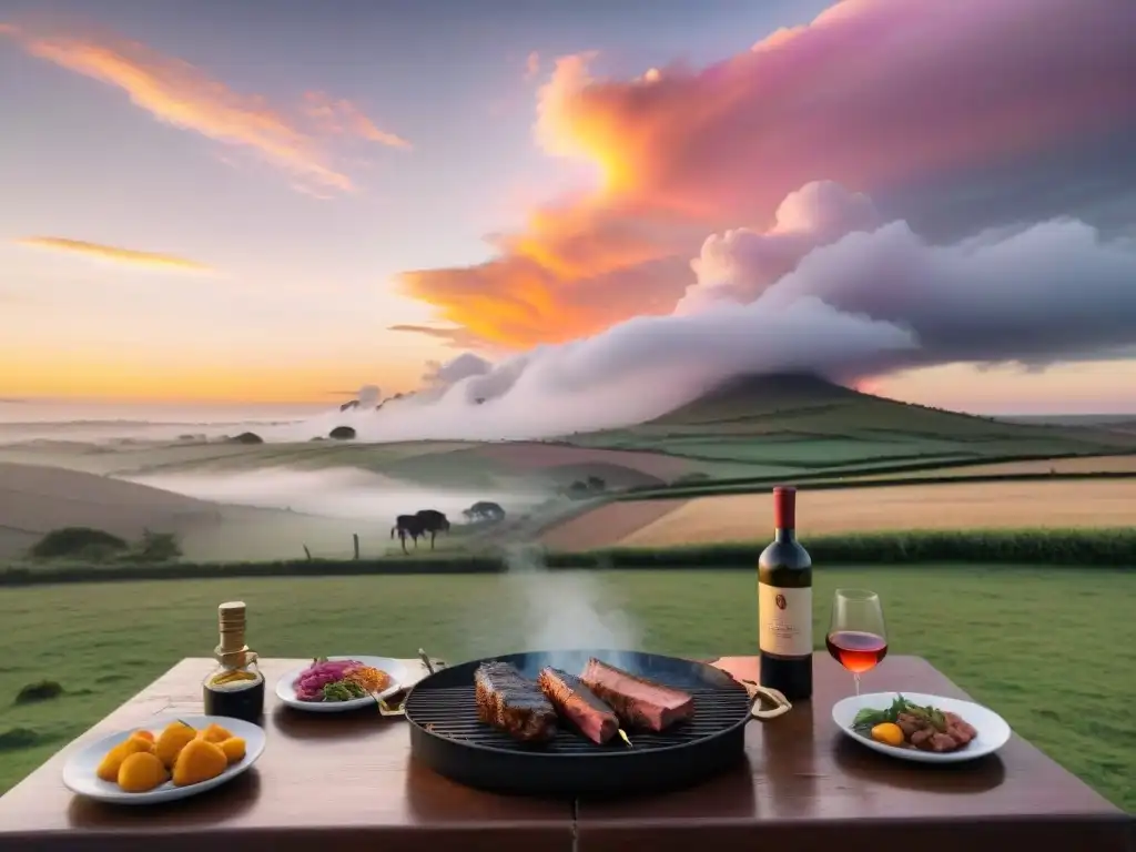 Un atardecer pintoresco en las colinas de Uruguay con una parrilla y amigos disfrutando de un asado