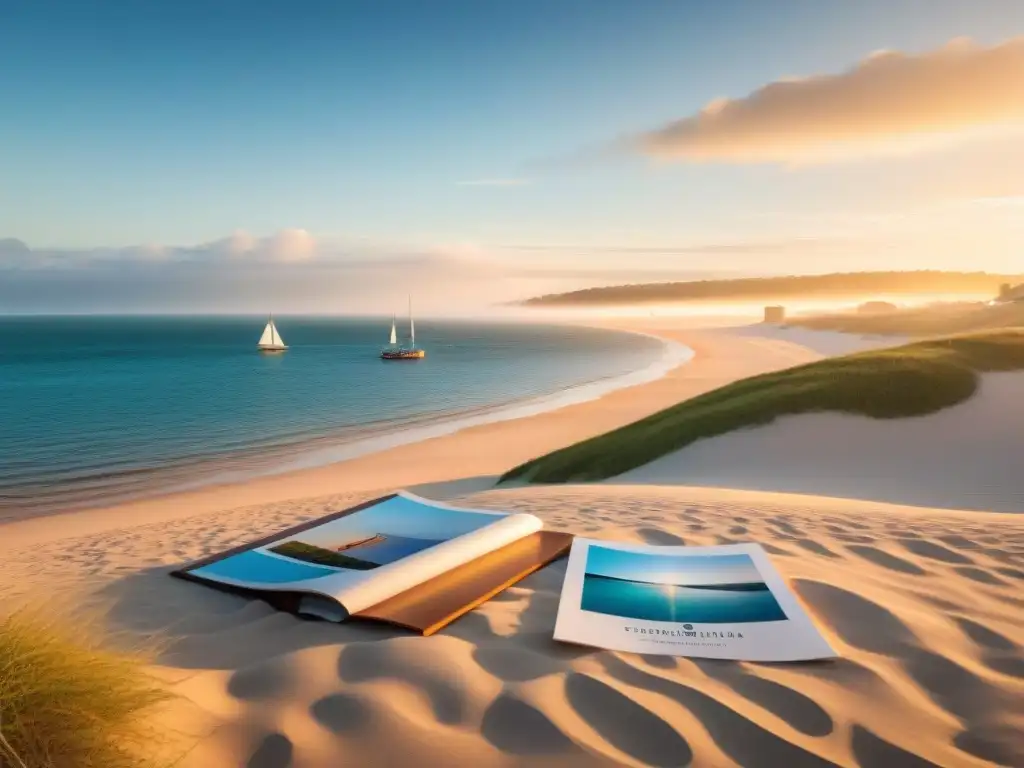 Un atardecer en la playa de Punta del Este, Uruguay, transmite seguridad y tranquilidad con la pareja y un folleto de Seguros de viaje en Uruguay