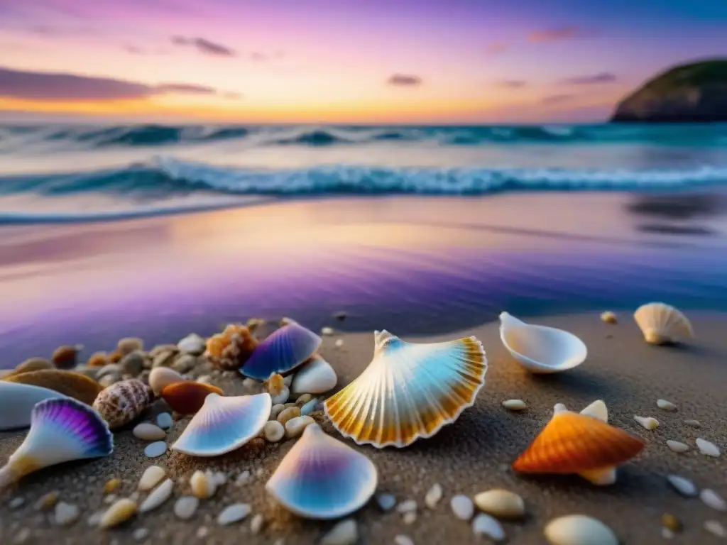 Atardecer en Playas Vírgenes La Paloma: arena dorada, aguas cristalinas y conchas vibrantes bajo un cielo rosado, naranja y morado